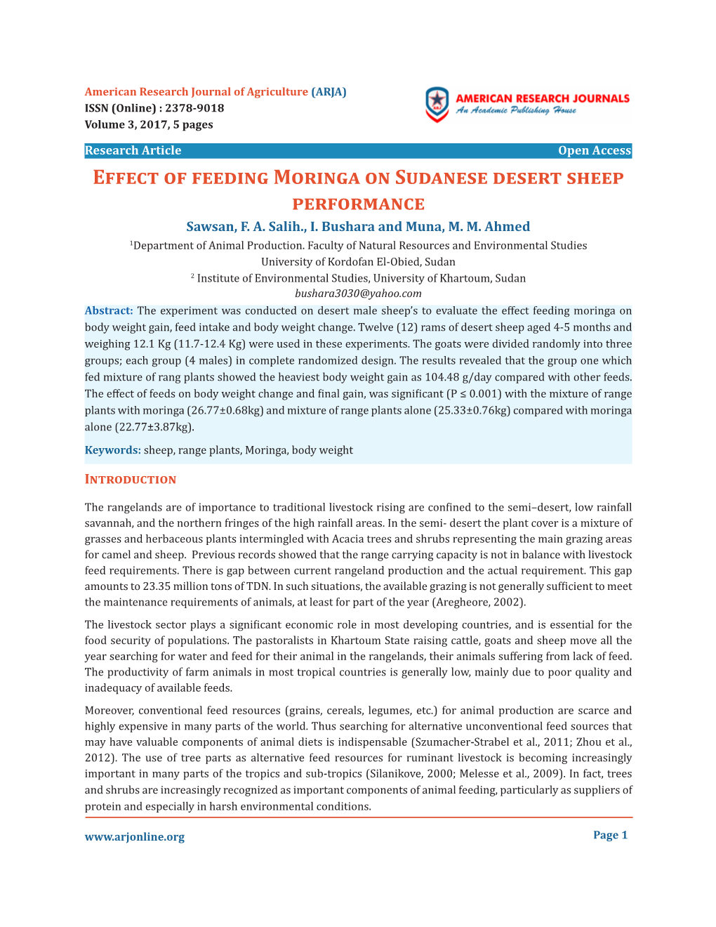 Effect of Feeding Moringa on Sudanese Desert Sheep Performance Sawsan, F