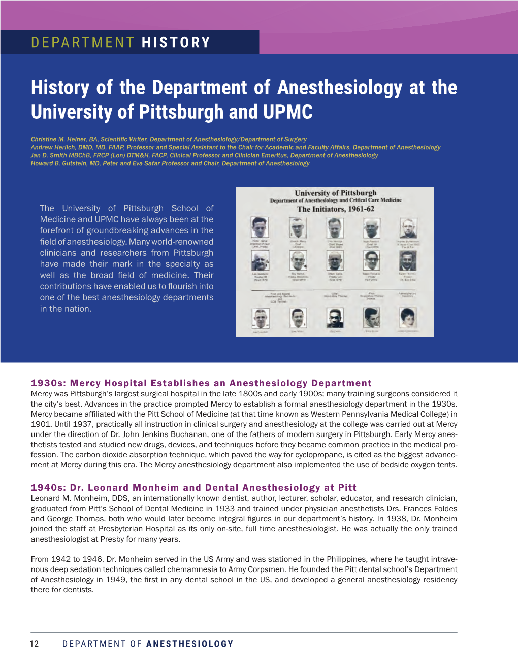 History of the Department of Anesthesiology at the University of Pittsburgh and UPMC