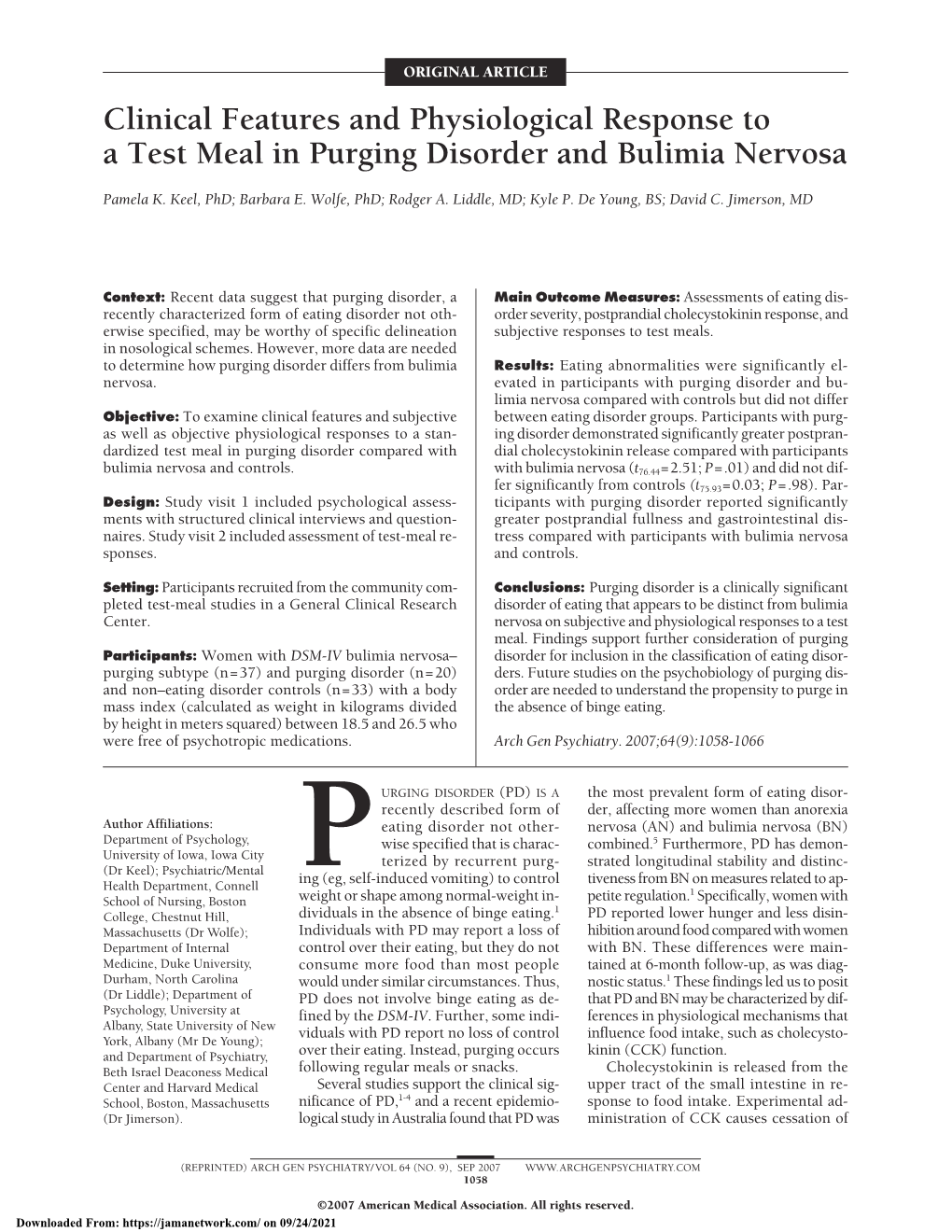 Clinical Features and Physiological Response to a Test Meal in Purging Disorder and Bulimia Nervosa