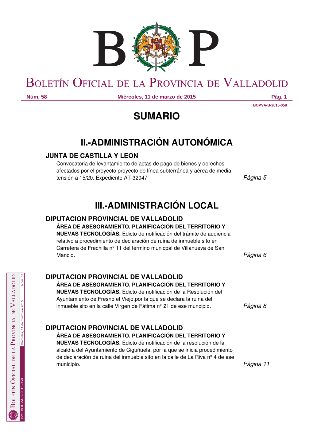 Sumario Boletín Oficial De La Provincia De Valladolid