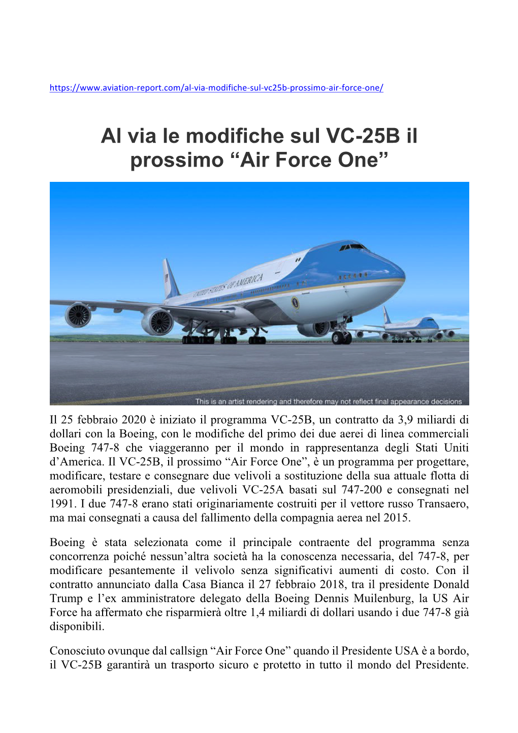 Al Via Le Modifiche Sul VC-25B Il Prossimo “Air Force One”