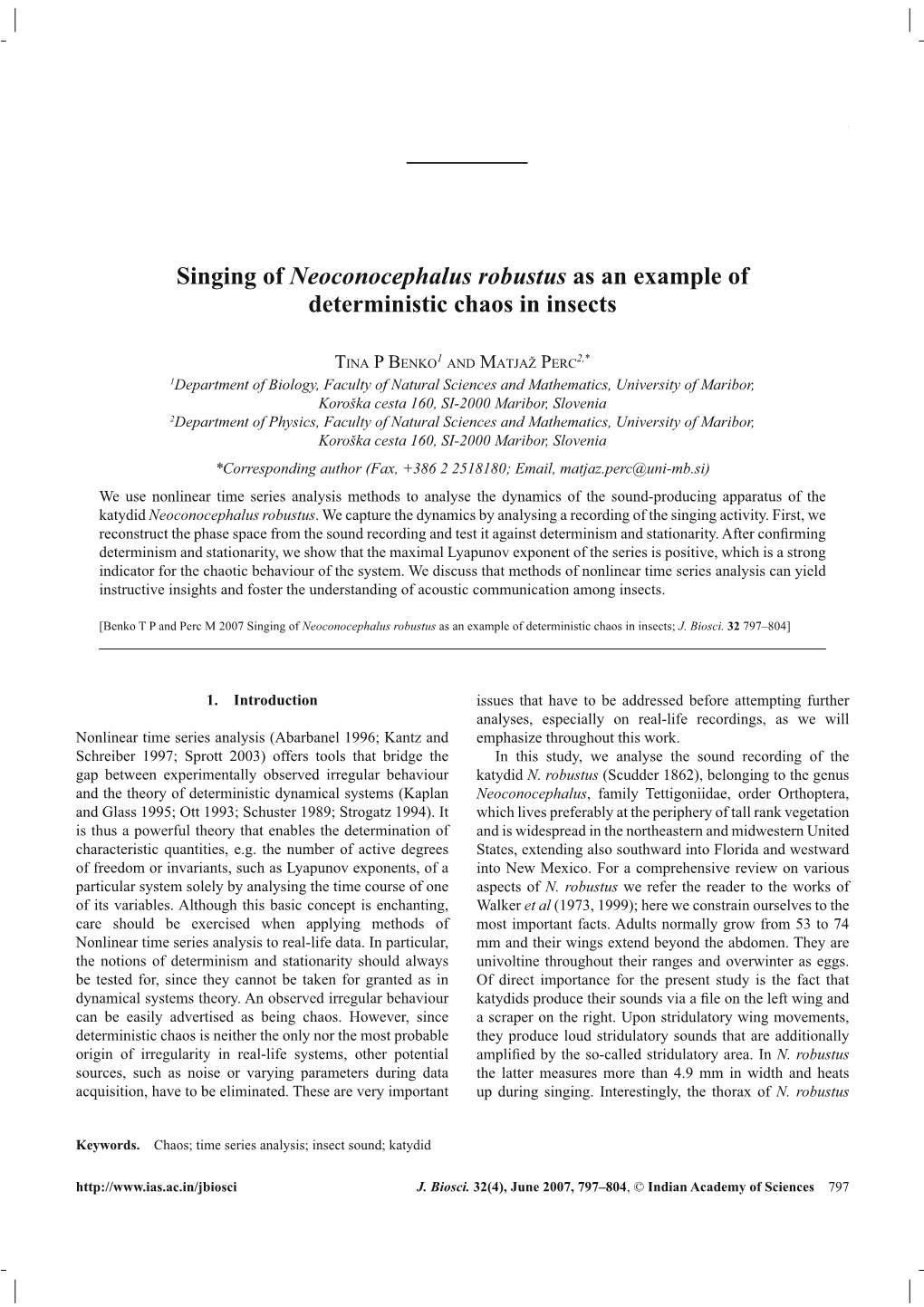 Singing of Neoconocephalus Robustus As an Example of Deterministic Chaos in Insects