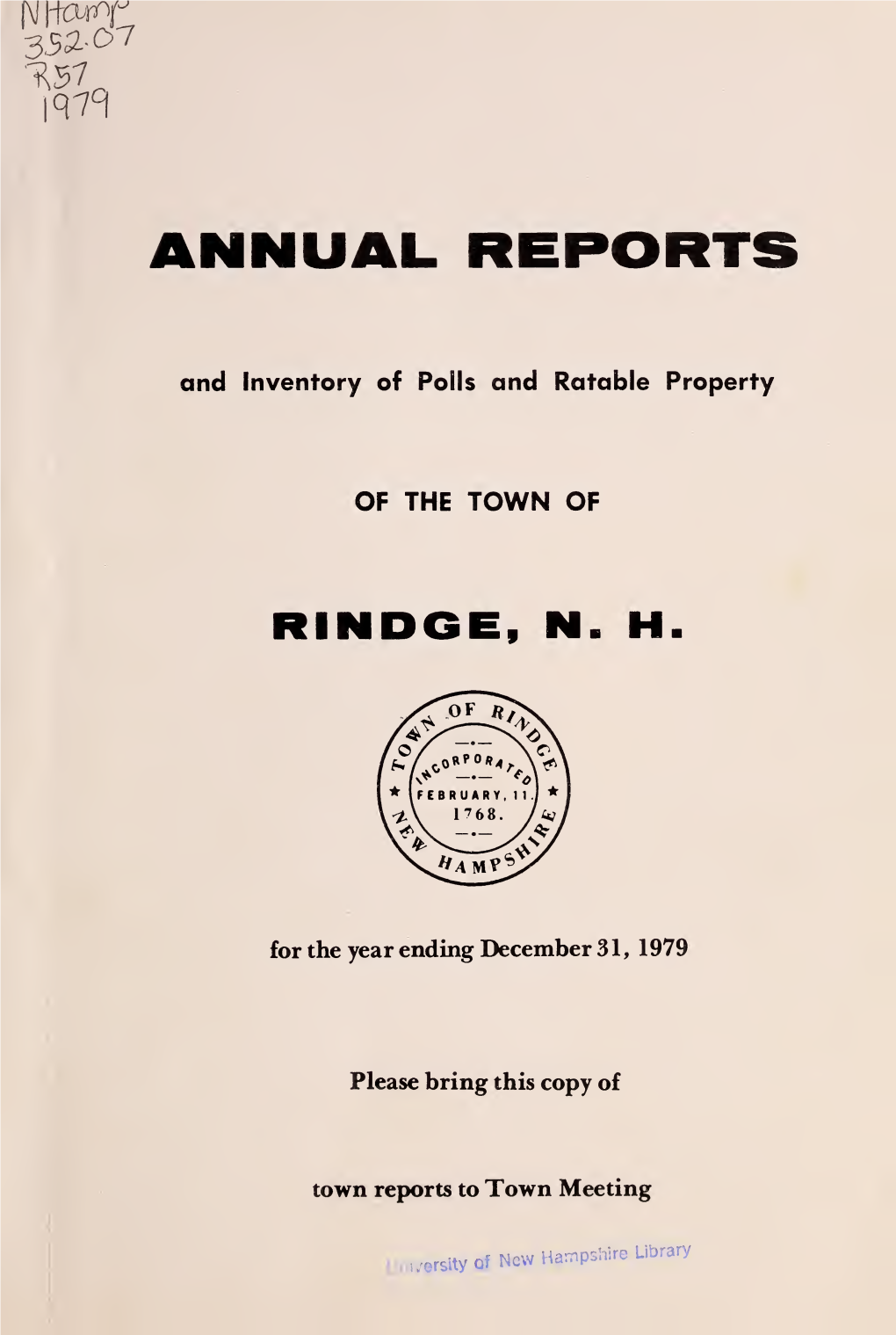 Annual Report of the Town of Rindge, New Hampshire