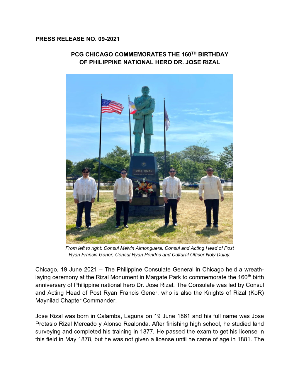 Pcg Chicago Commemorates the 160Th Birthday of Philippine National Hero Dr