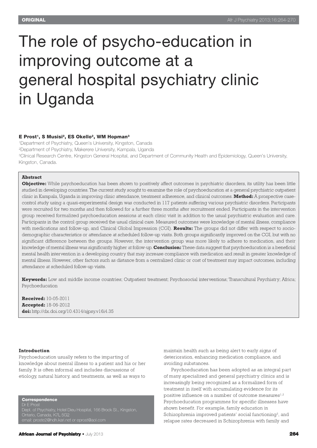 The Role of Psycho-Education in Improving Outcome at a General Hospital Psychiatry Clinic in Uganda