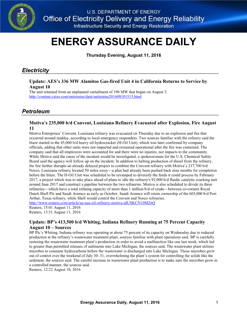 Energy Assurance Daily