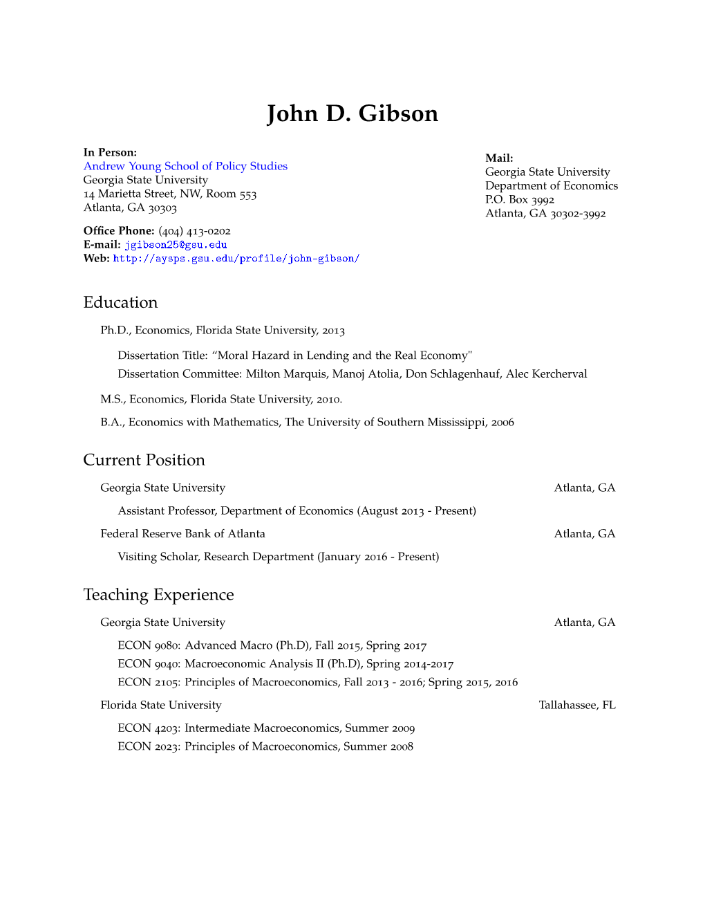 John D. Gibson: Curriculum Vitae