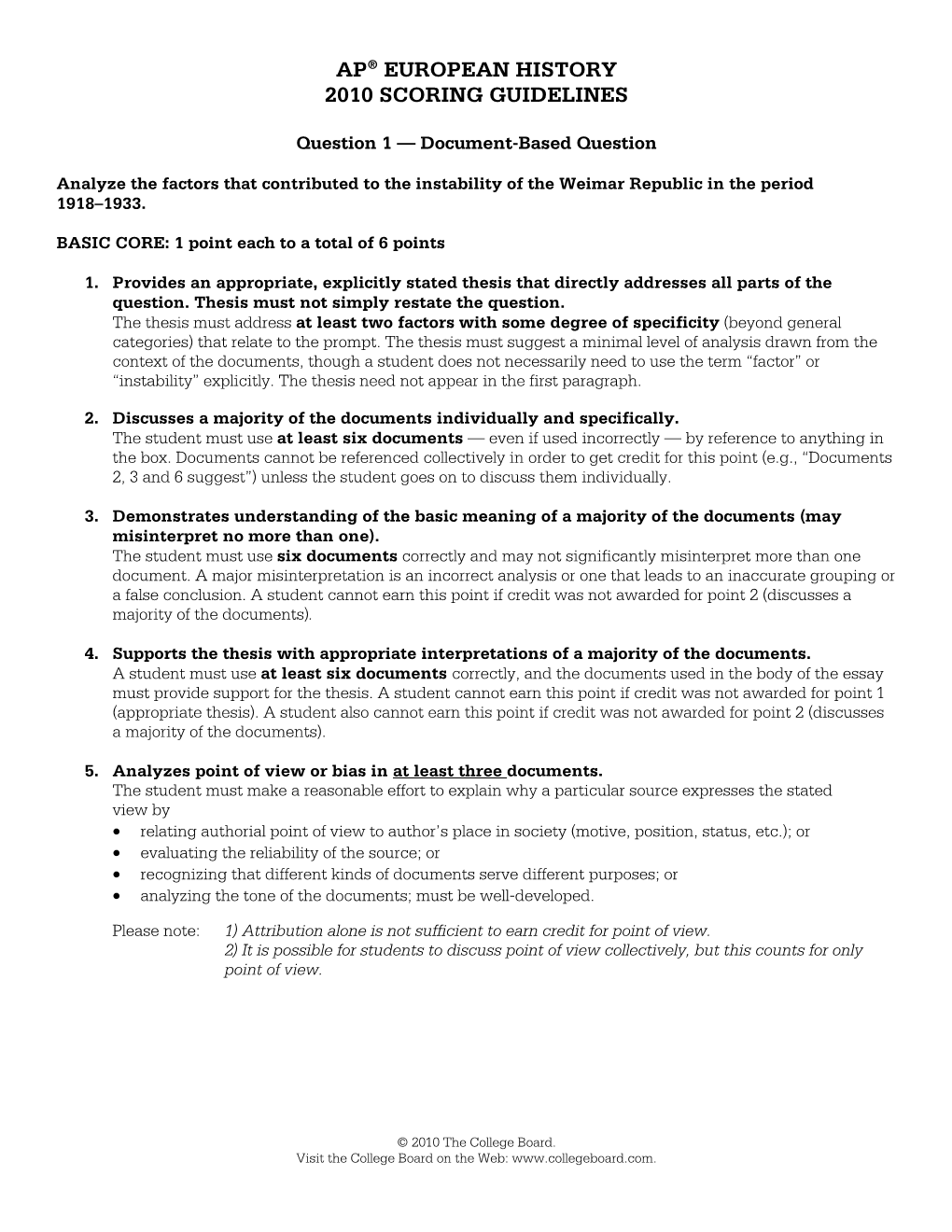 Ap® European History 2010 Scoring Guidelines