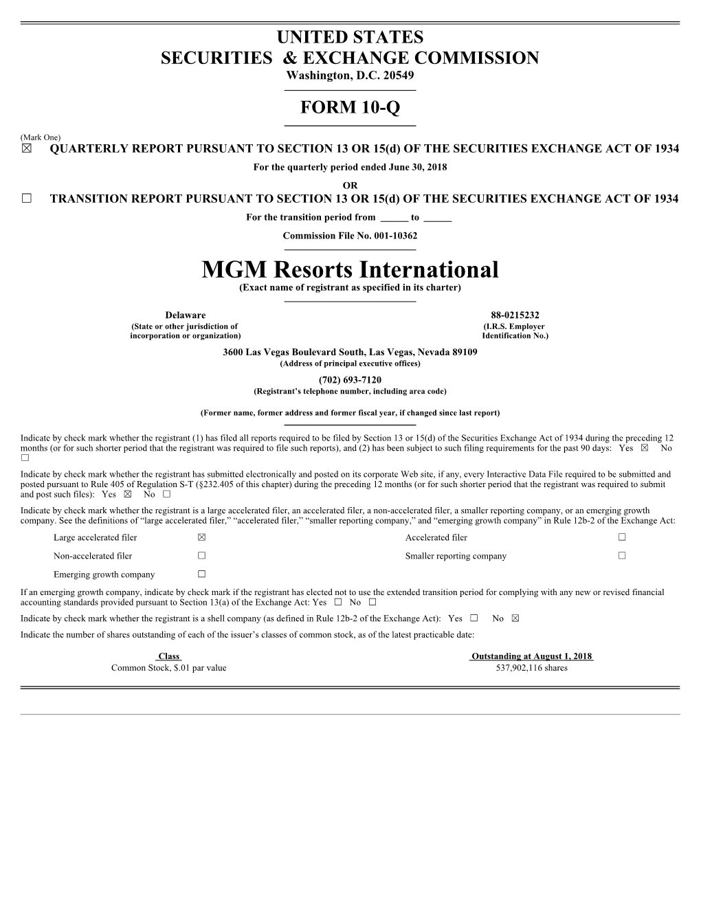 MGM Resorts International (Exact Name of Registrant As Specified in Its Charter)