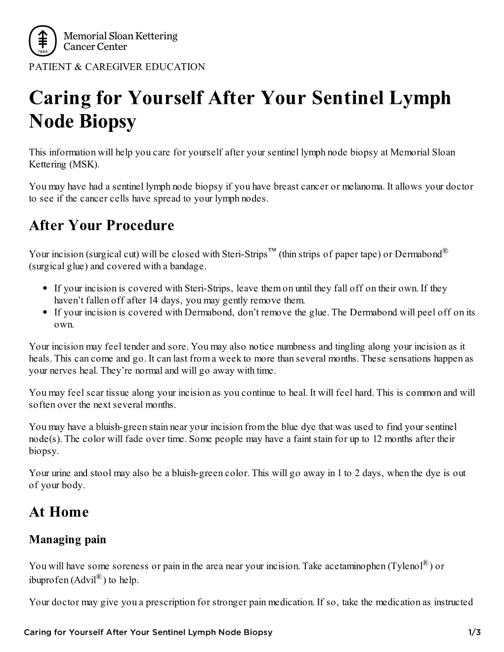 Caring for Yourself After Your Sentinel Lymph Node Biopsy | Memorial