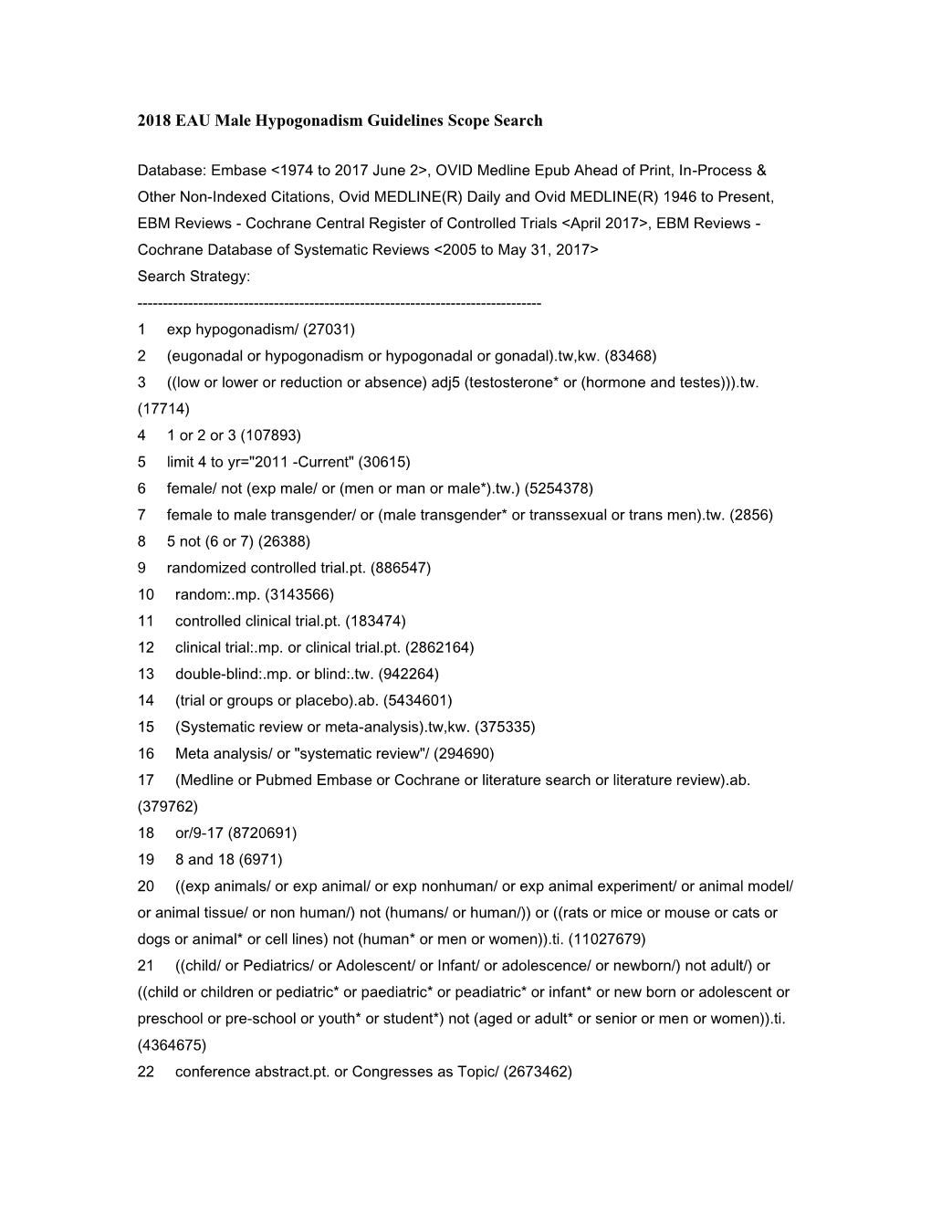 2018 EAU Male Hypogonadism Search Strategy