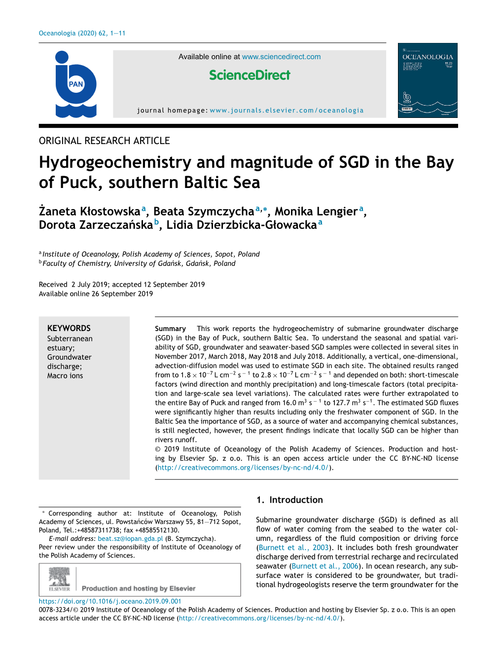 Hydrogeochemistry and Magnitude of SGD in the Bay of Puck, Southern Baltic Sea