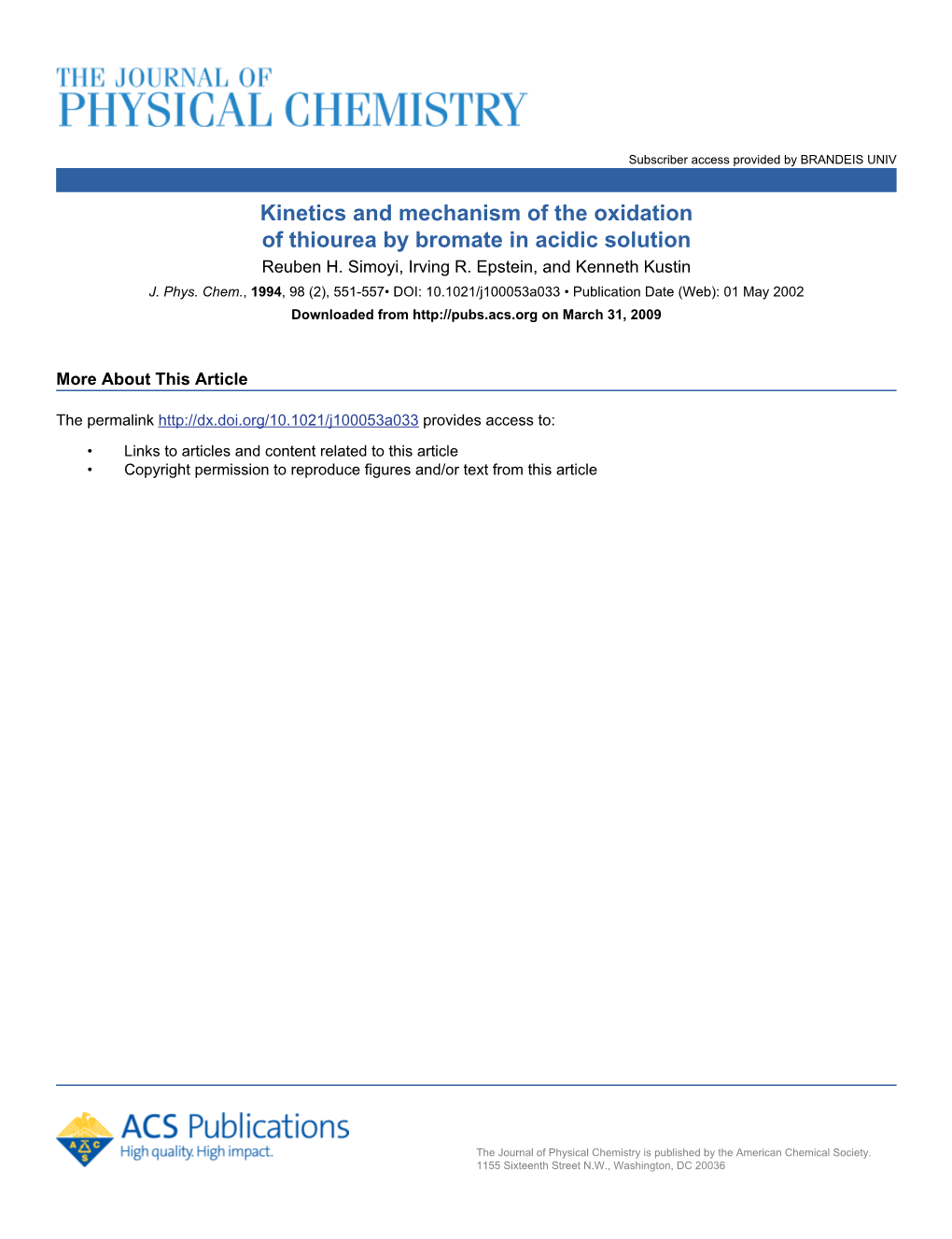 Kinetics and Mechanism of the Oxidation of Thiourea by Bromate in Acidic Solution Reuben H