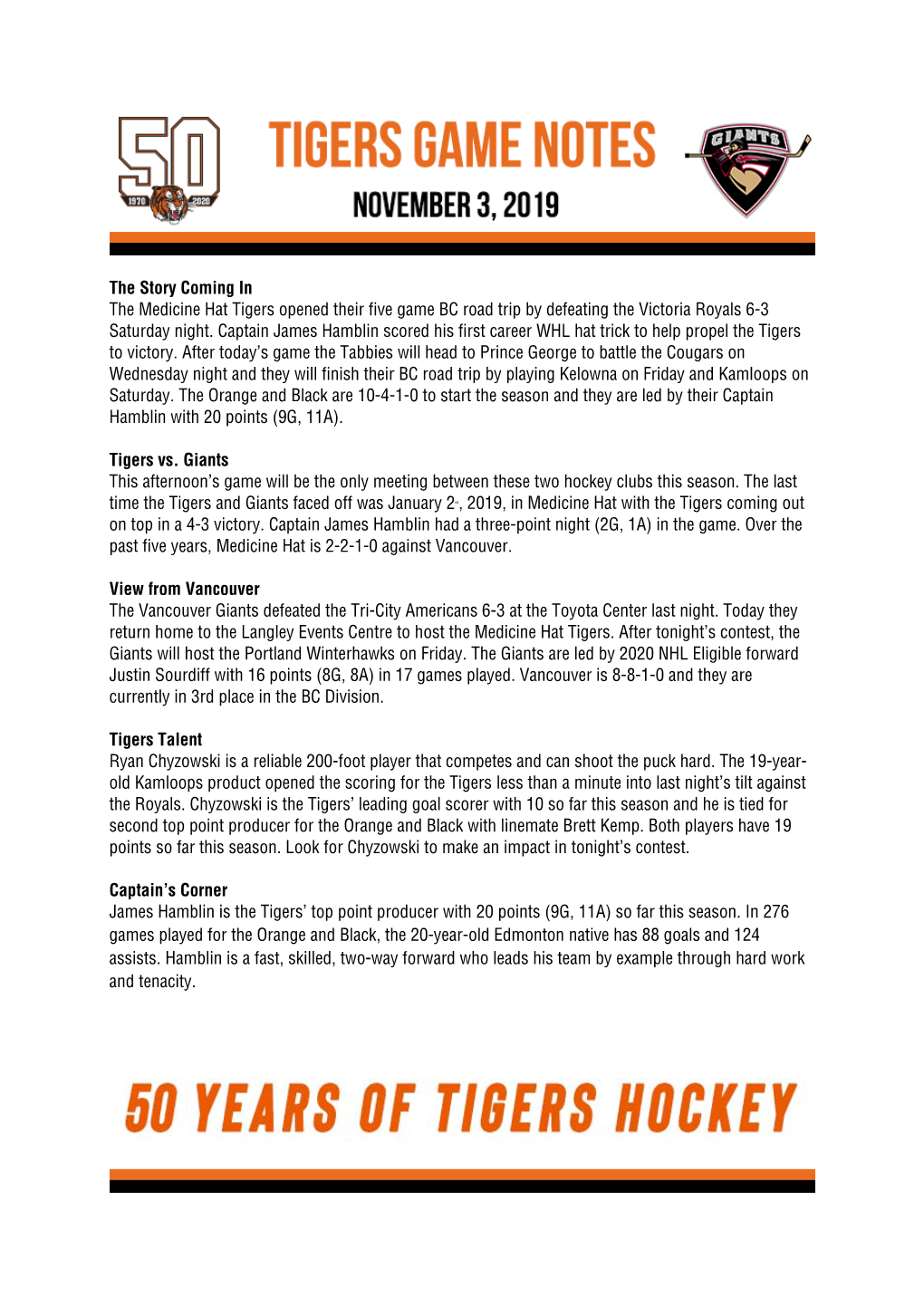 The Story Coming in the Medicine Hat Tigers Opened Their Five Game BC Road Trip by Defeating the Victoria Royals 6-3 Saturday Night