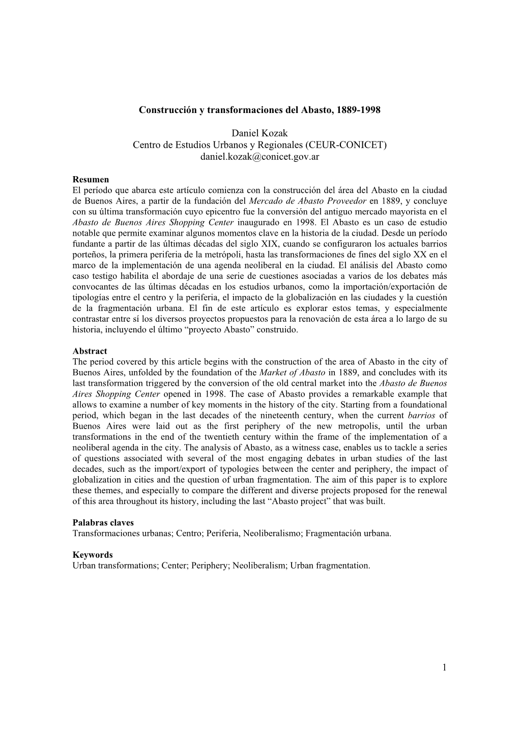 1 Construcción Y Transformaciones Del Abasto, 1889-1998 Daniel Kozak