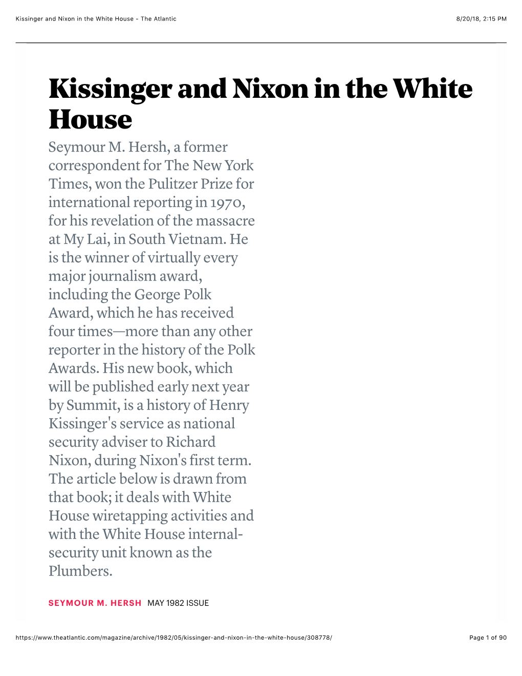 Kissinger and Nixon in the White House - the Atlantic 8/20/18, 2�15 PM