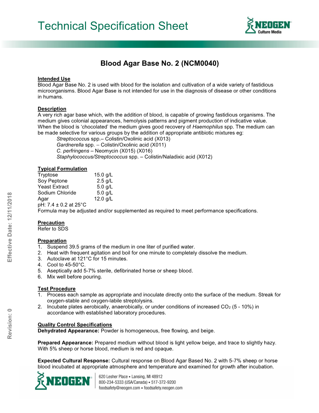 Blood Agar Base No.2 (NCM0040), Technical Specification Sheet