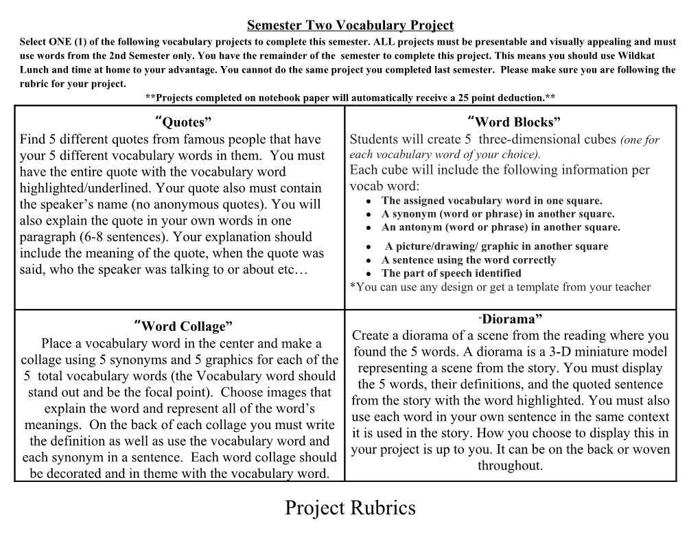 Semester Two Vocabulary Project