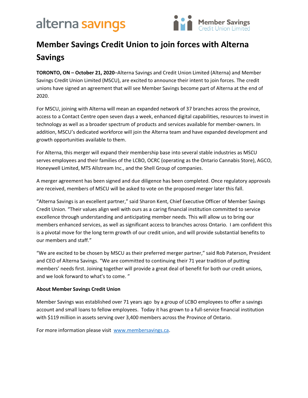 Member Savings Credit Union to Join Forces with Alterna Savings