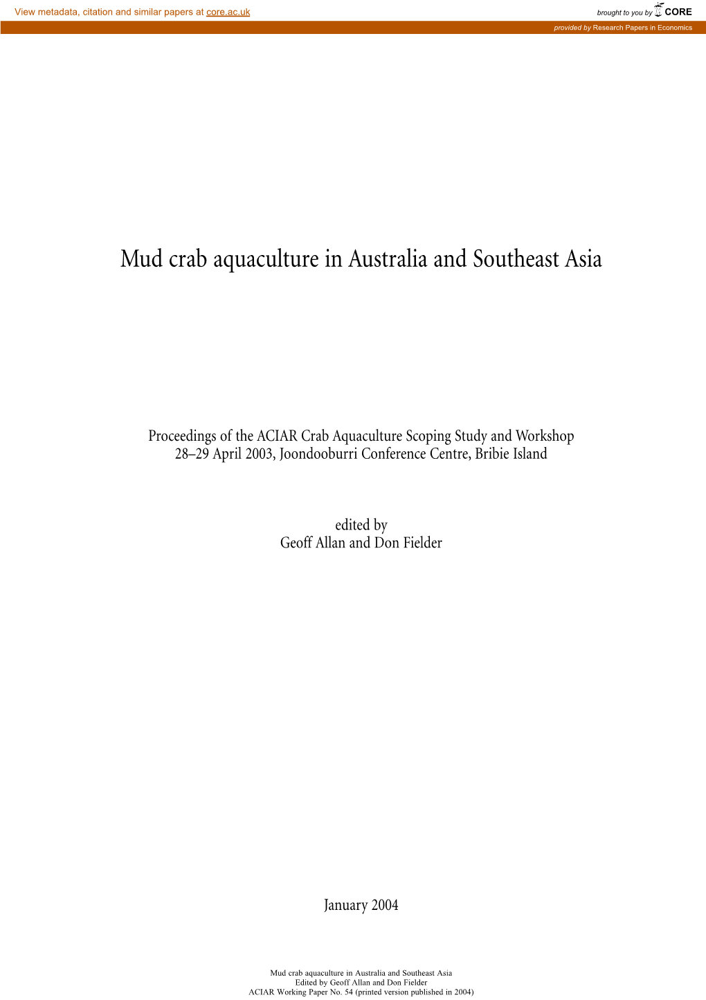 Mud Crab Aquaculture in Australia and Southeast Asia