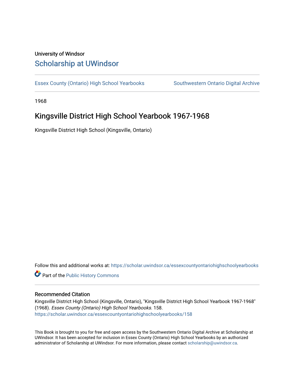 Kingsville District High School Yearbook 1967-1968