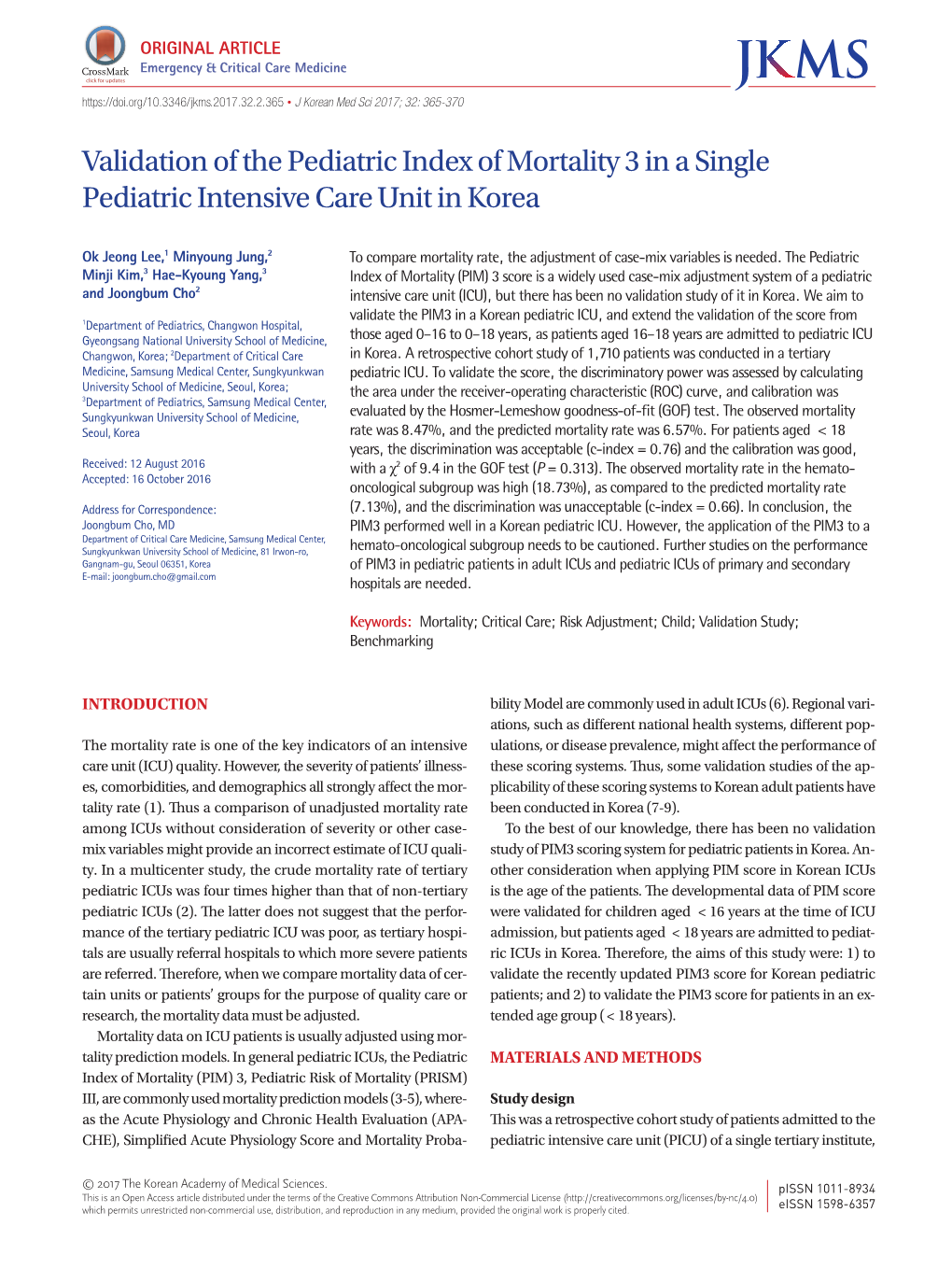 Validation of the Pediatric Index of Mortality 3 in a Single Pediatric Intensive Care Unit in Korea