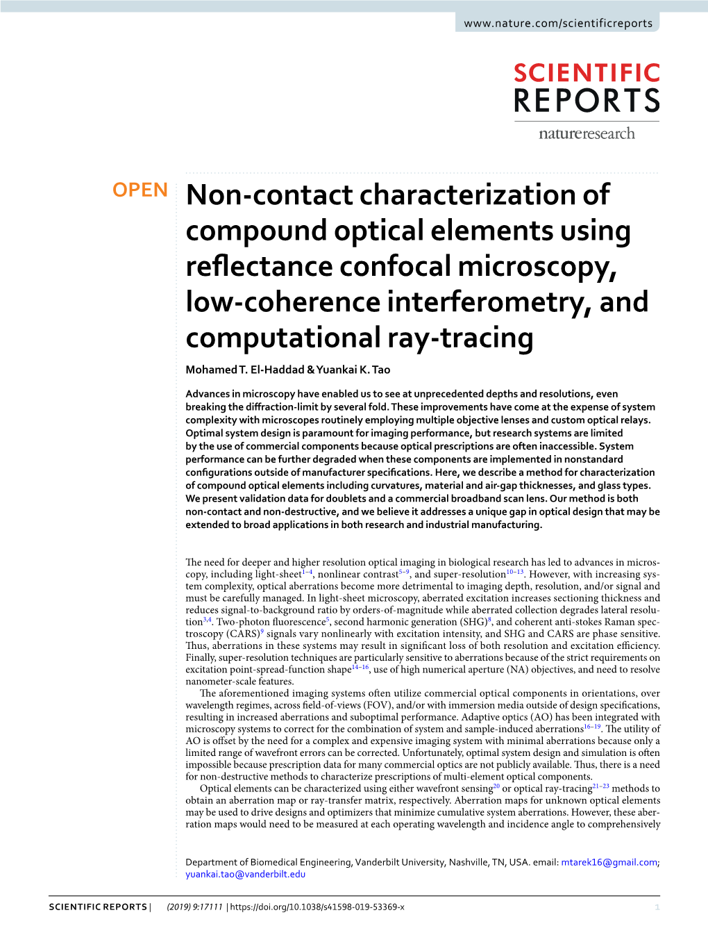 Non-Contact Characterization of Compound Optical Elements Using Refectance Confocal Microscopy, Low-Coherence Interferometry, and Computational Ray-Tracing Mohamed T