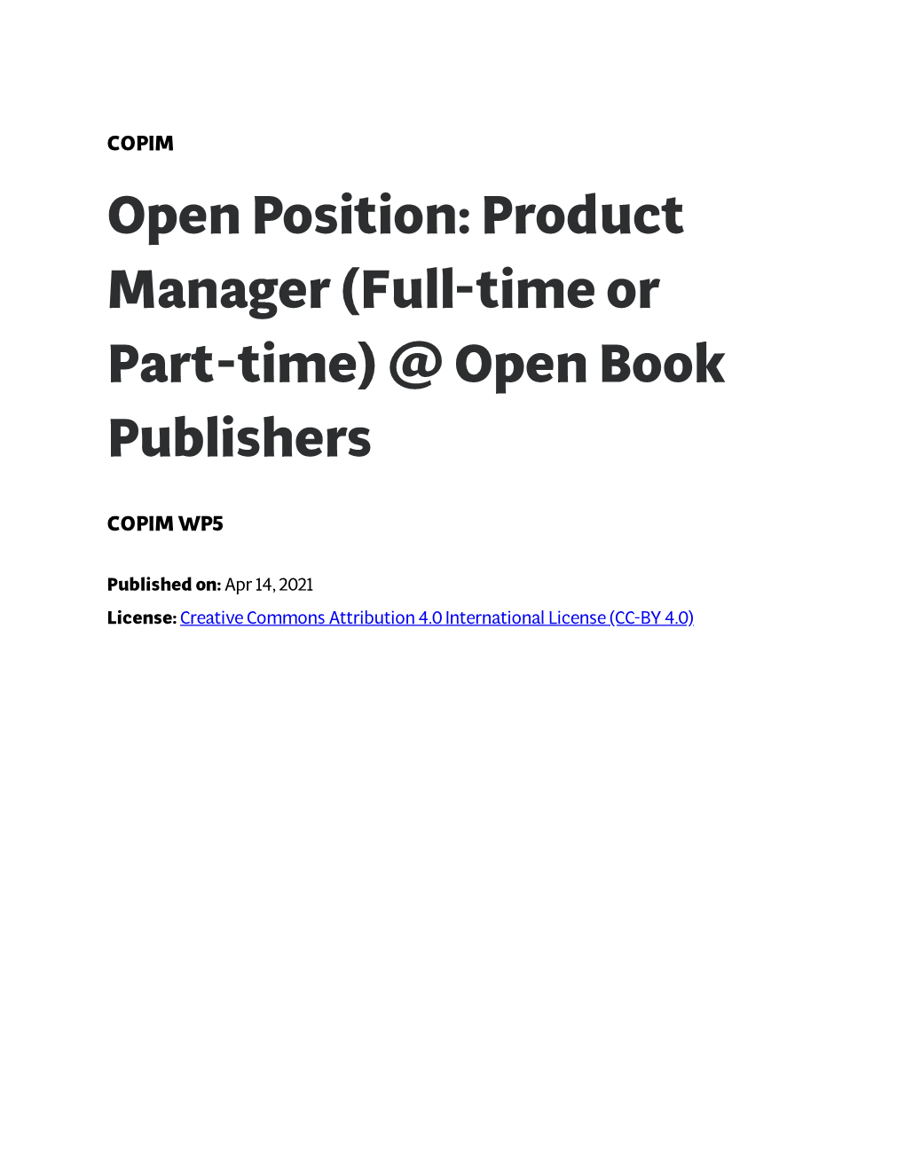 Open Position: Product Manager (Full-Time Or Part-Time) @ Open Book Publishers