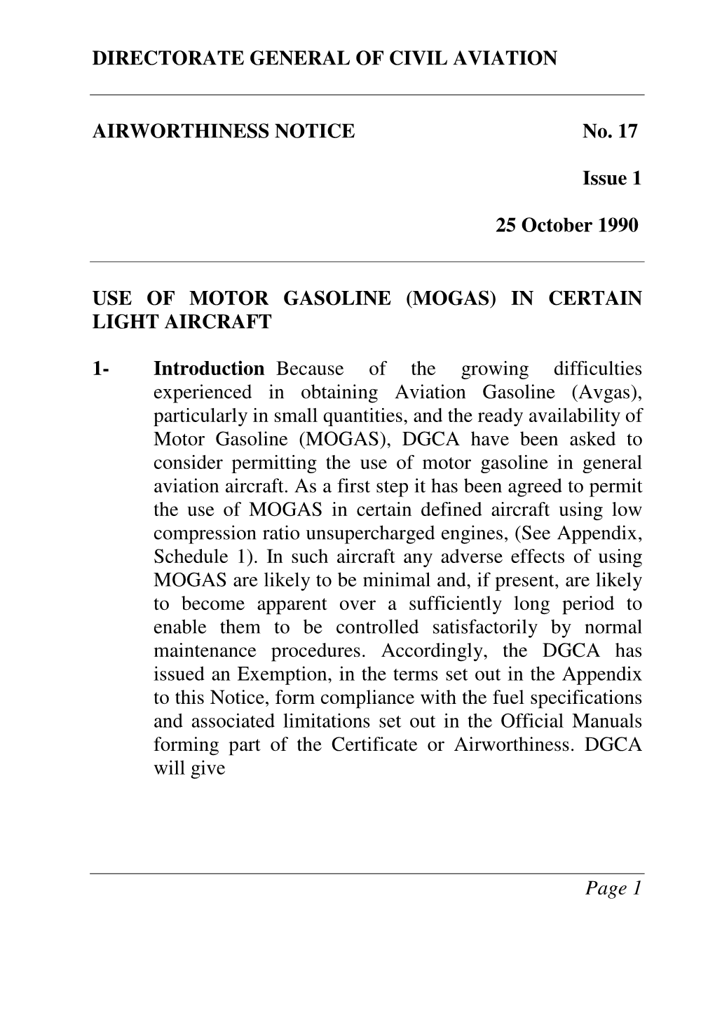 DIRECTORATE GENERAL of CIVIL AVIATION AIRWORTHINESS NOTICE No. 17 Issue 1 25 October 1990 USE of MOTOR GASOLINE (MOGAS) in CERT