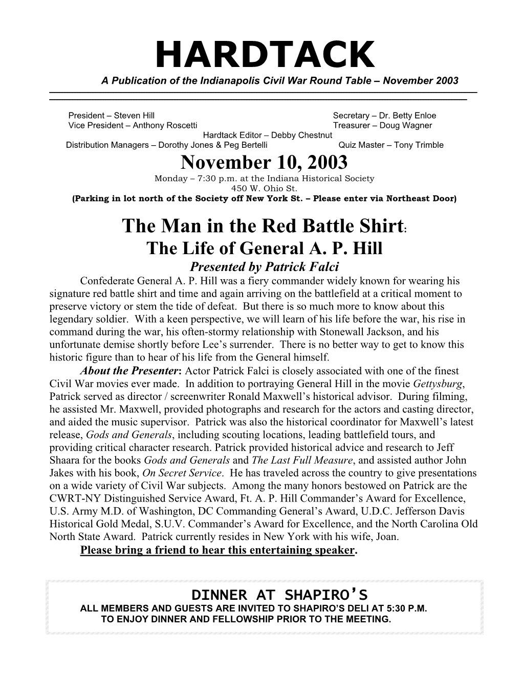HARDTACK a Publication of the Indianapolis Civil War Round Table – November 2003 ______