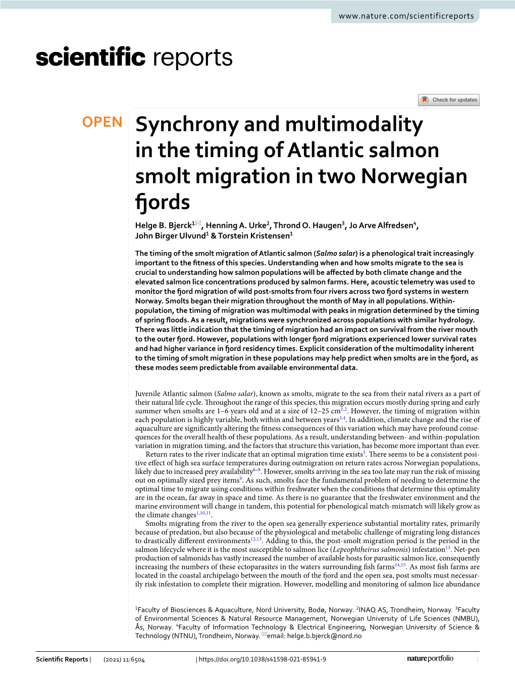 Synchrony and Multimodality in the Timing of Atlantic Salmon Smolt Migration in Two Norwegian Fords Helge B