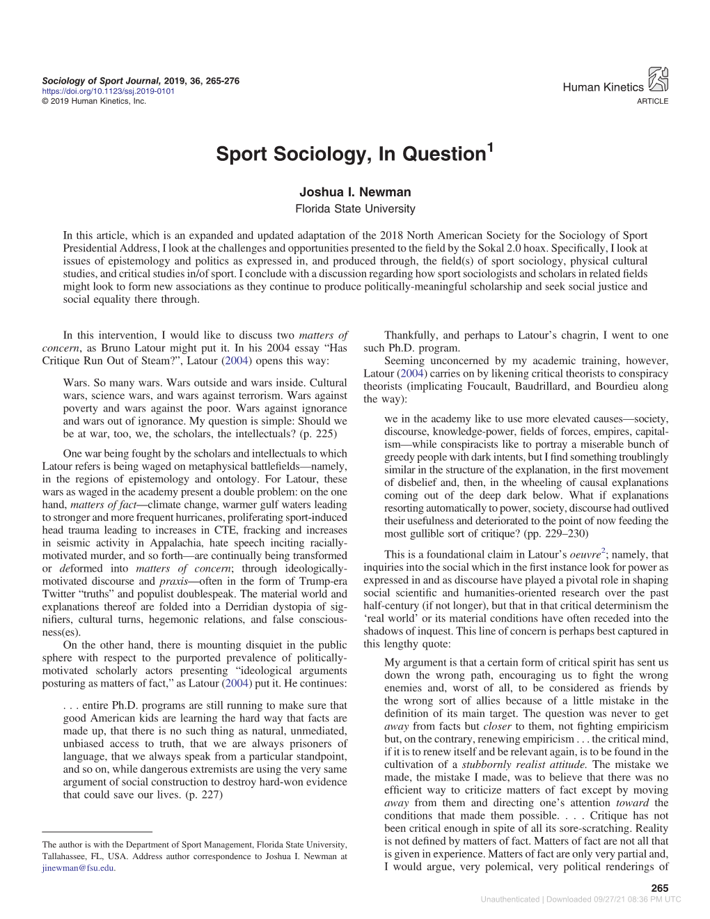 Sport Sociology, in Question1