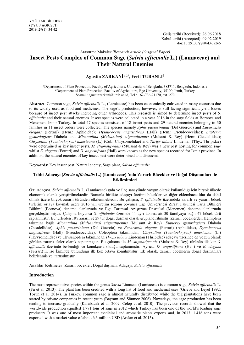 Insect Pests Complex of Common Sage (Salvia Officinalis L.) (Lamiaceae) and Their Natural Enemies