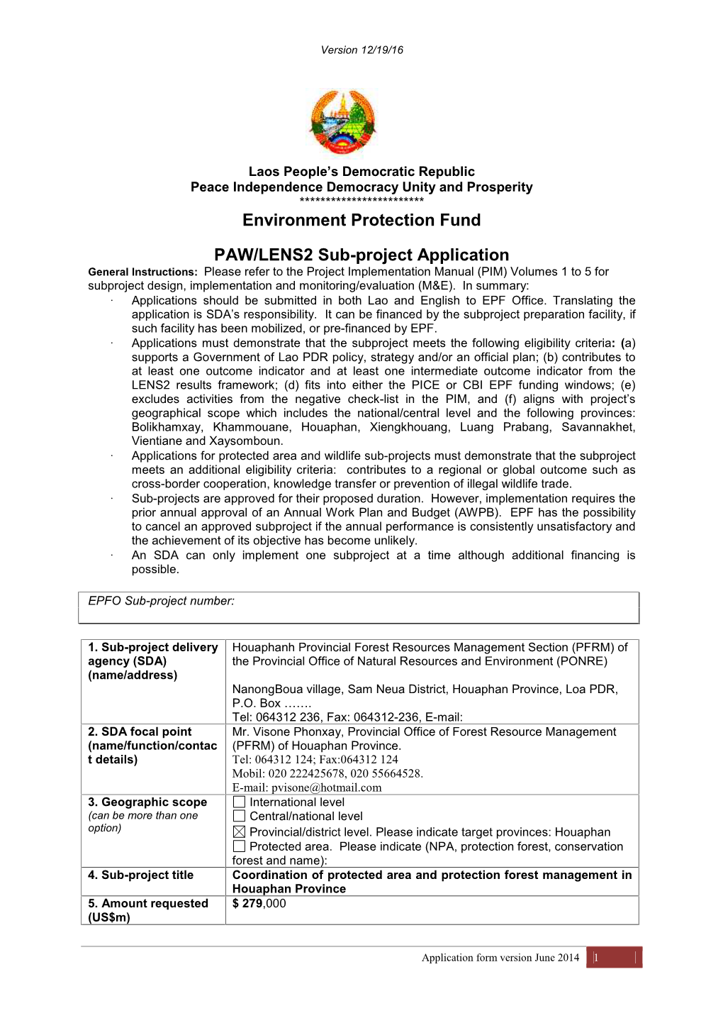 Environment Protection Fund PAW/LENS2 Sub-Project Application