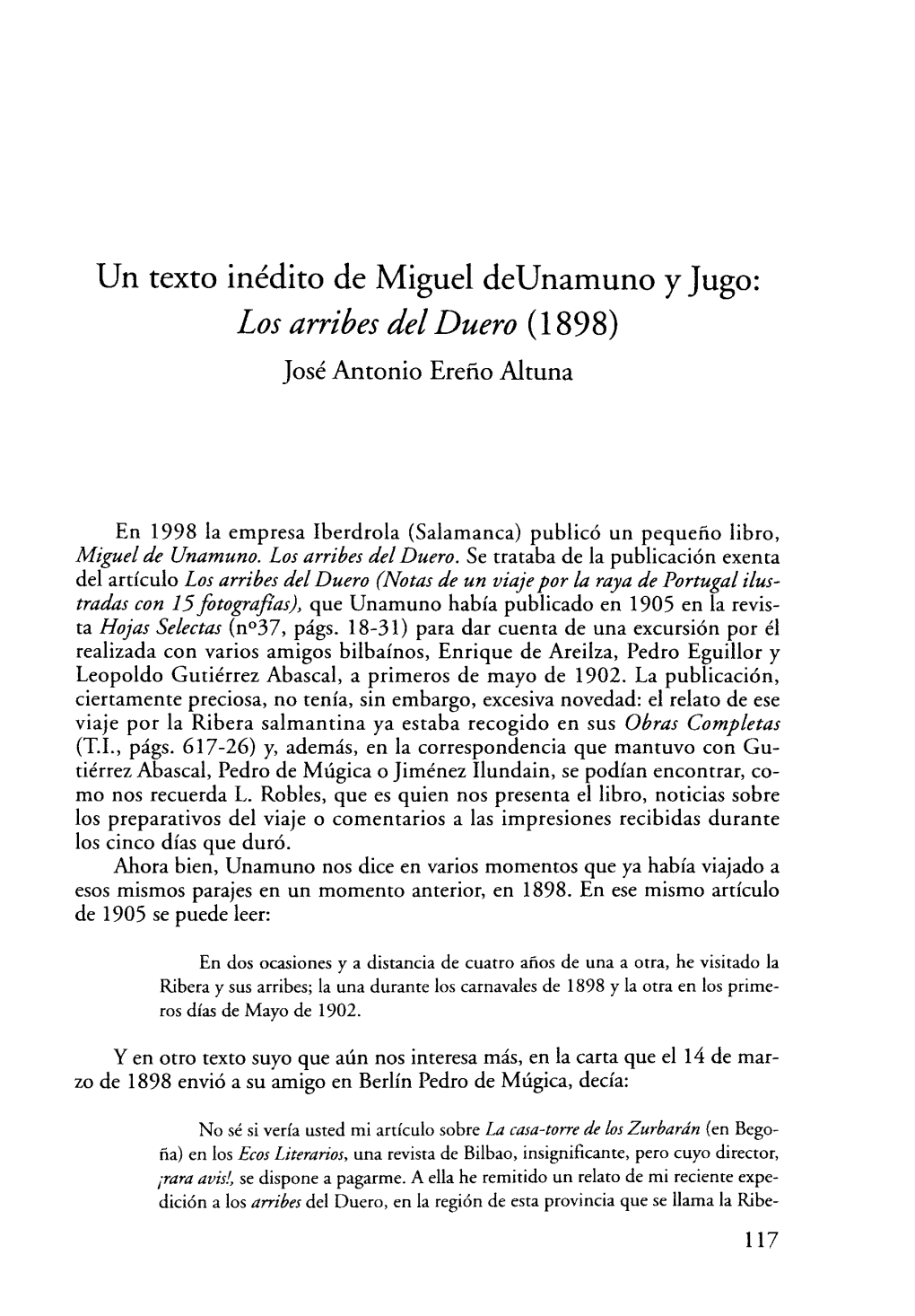 Un Texto Inédito De Miguel Deunamuno Y Jugo: Los Arribes Del Duero (1898) José Antonio Ereño Altuna