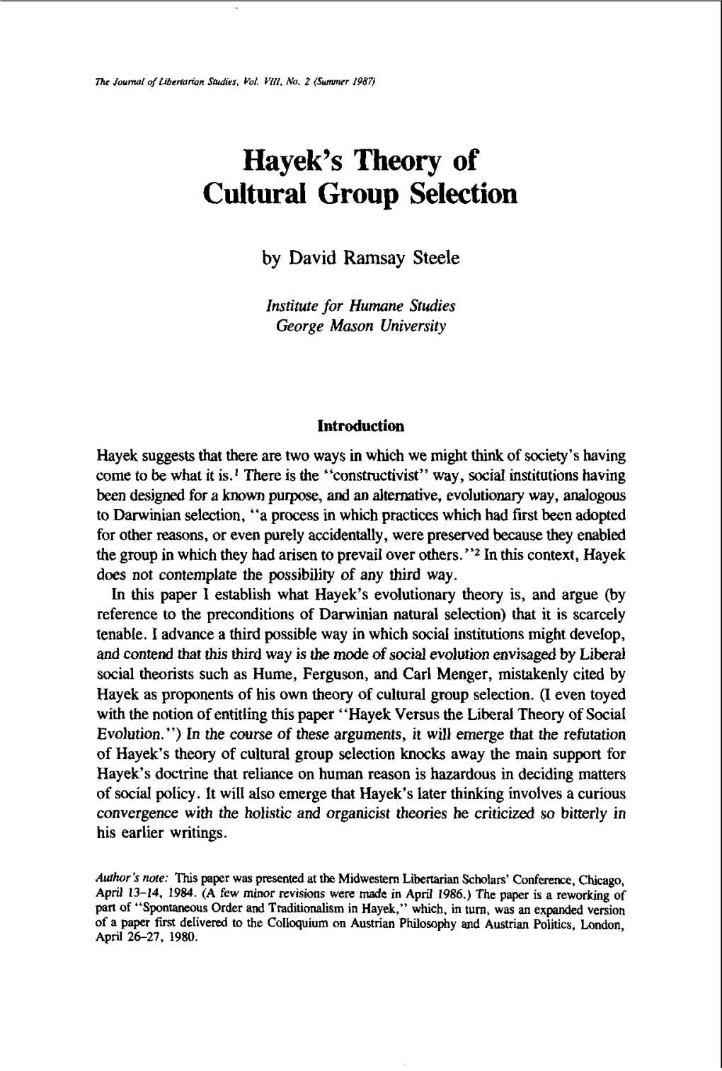 Hayek's Theory of Cultural Group Selection