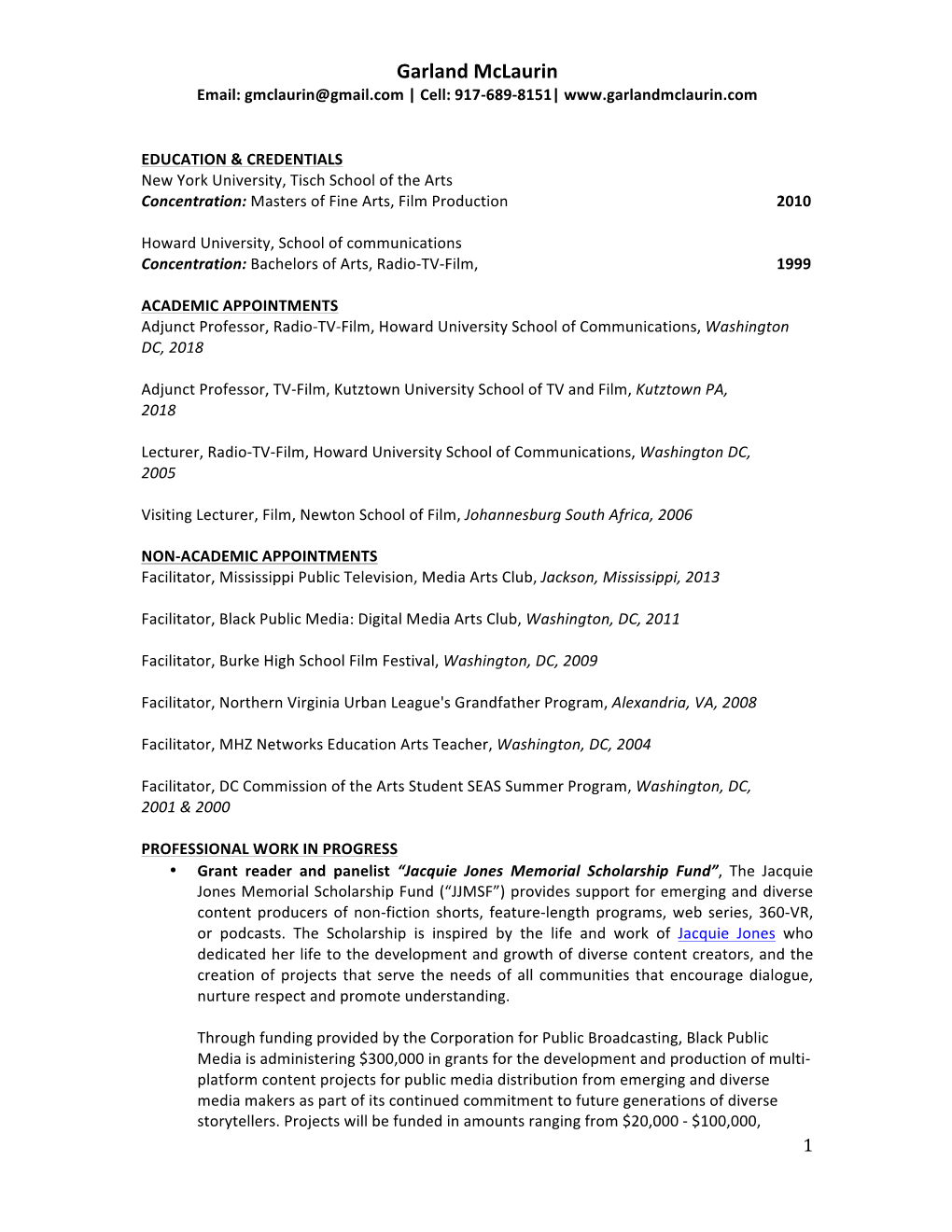 Garland Mclaurin Email: Gmclaurin@Gmail.Com | Cell: 917-689-8151|