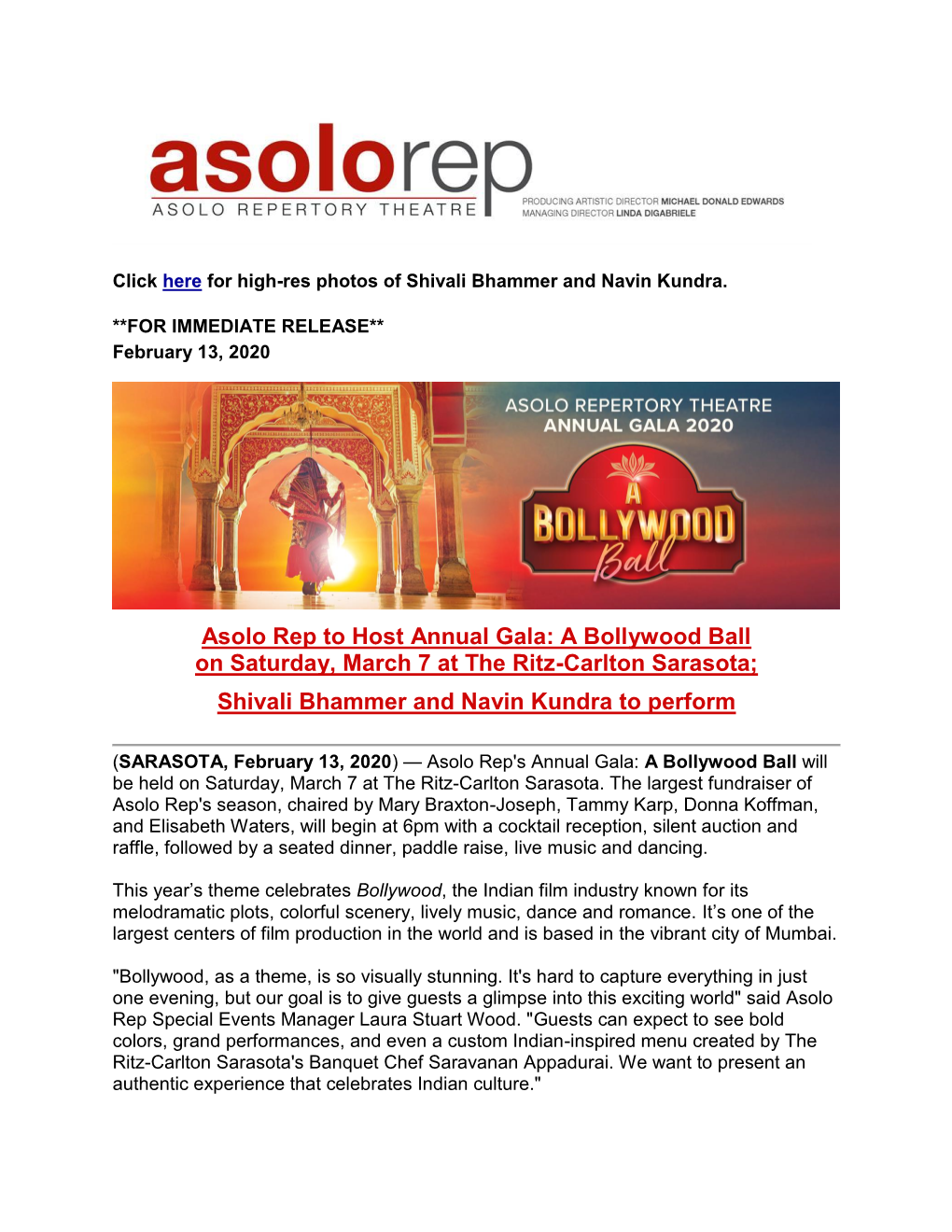Asolo Rep to Host Annual Gala: a Bollywood Ball on Saturday, March 7 at the Ritz-Carlton Sarasota; Shivali Bhammer and Navin Kundra to Perform