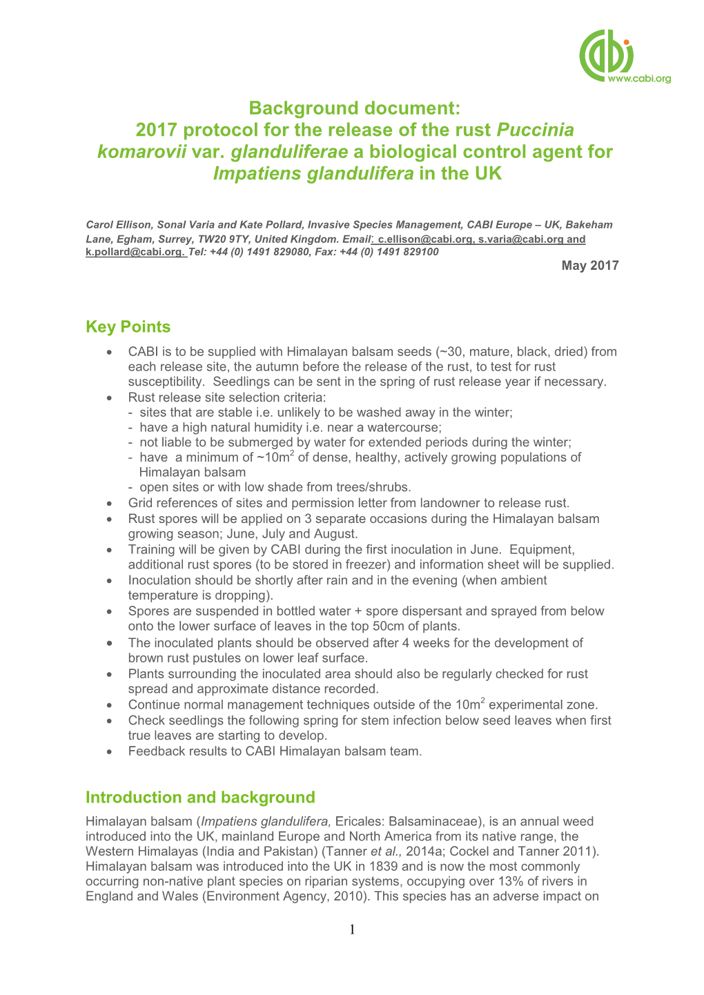 Background Document: 2017 Protocol for the Release of the Rust Puccinia Komarovii Var. Glanduliferae a Biological Control Agent for Impatiens Glandulifera in the UK