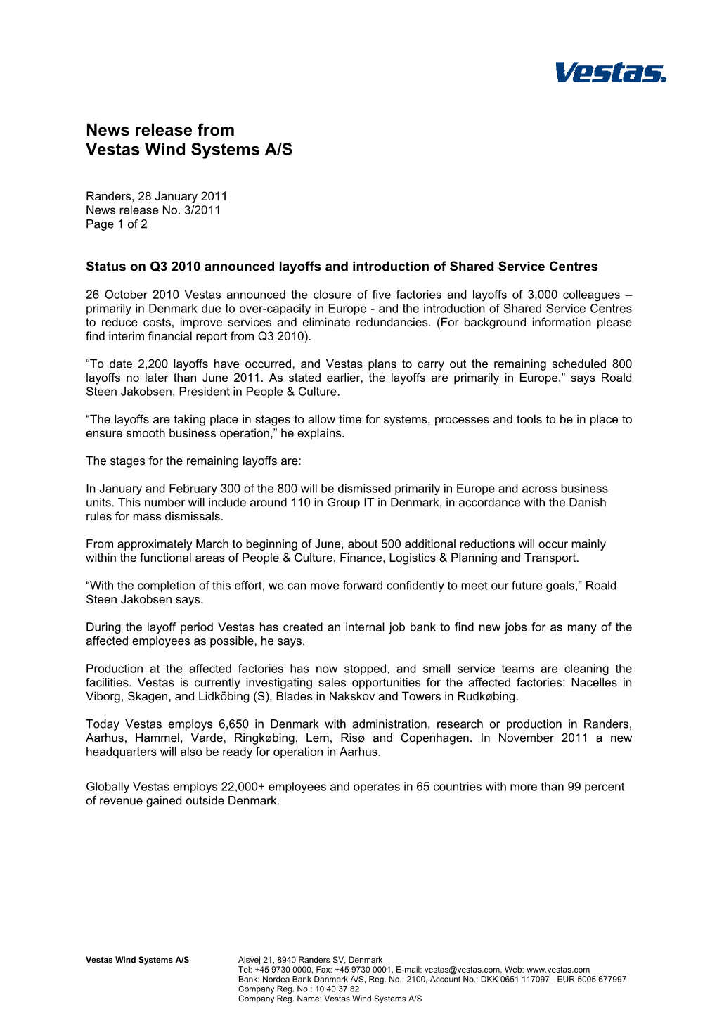 News Release from Vestas Wind Systems A/S