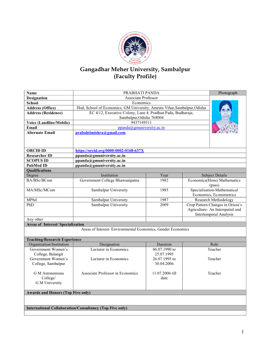 Gangadhar Meher University, Sambalpur (Faculty Profile)