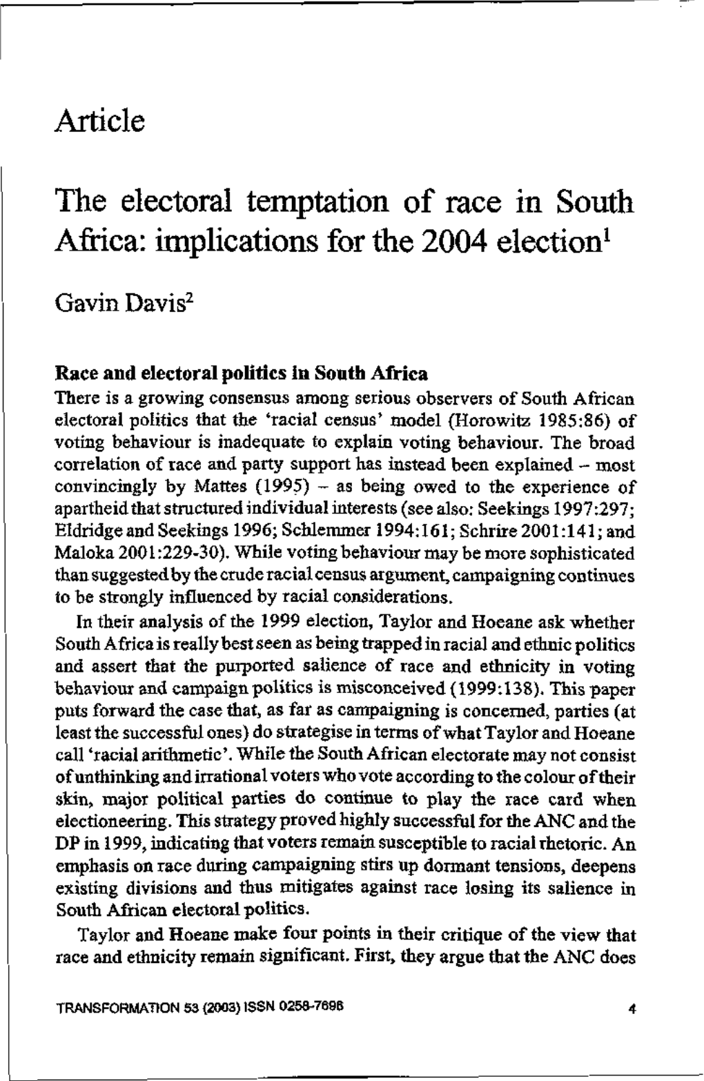 Article the Electoral Temptation of Race in South Africa