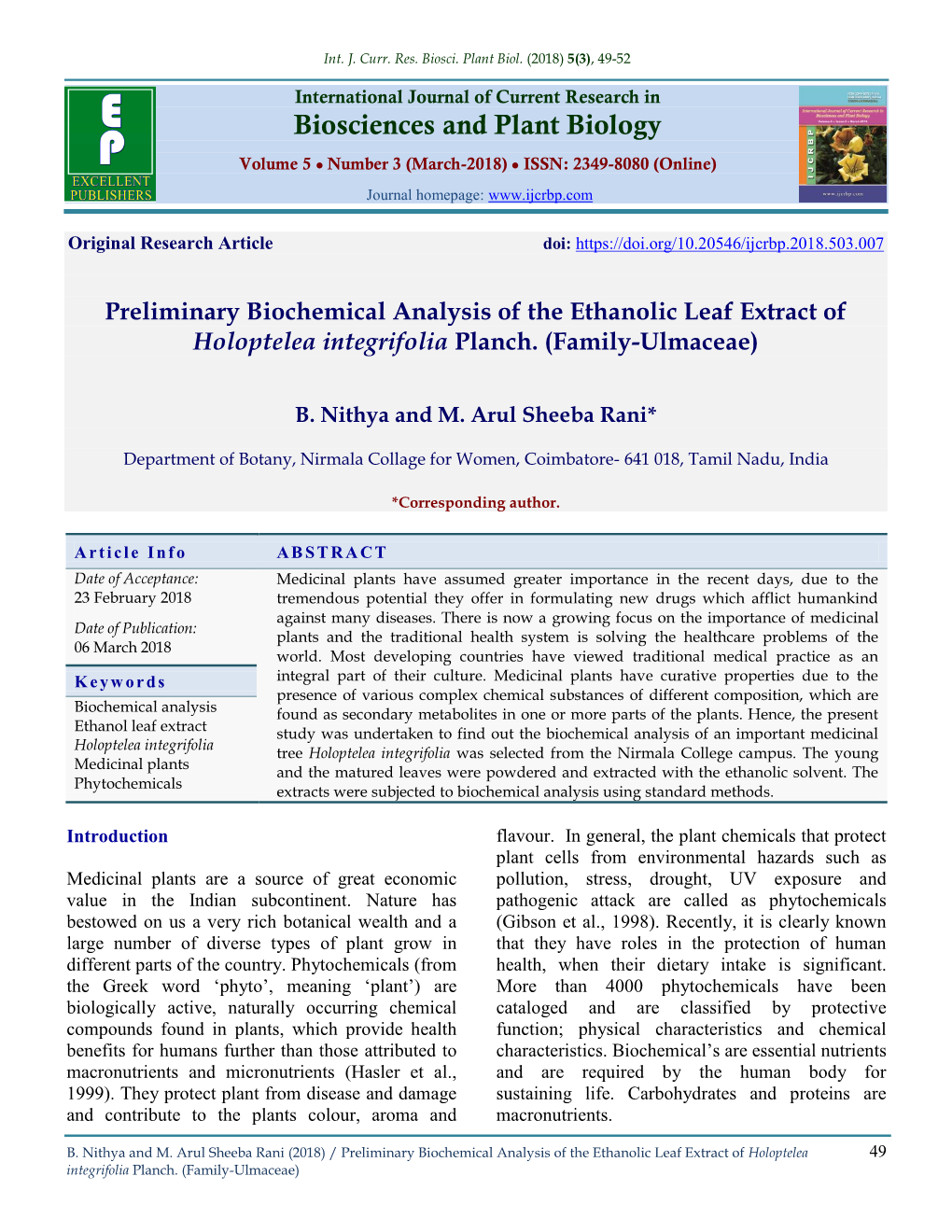 Preliminary Biochemical Analysis of the Ethanolic Leaf Extract of Holoptelea Integrifolia Planch. (Family-Ulmaceae)