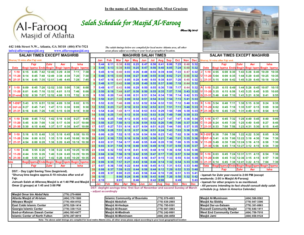 Salah Schedule for Masjid Al-Farooq