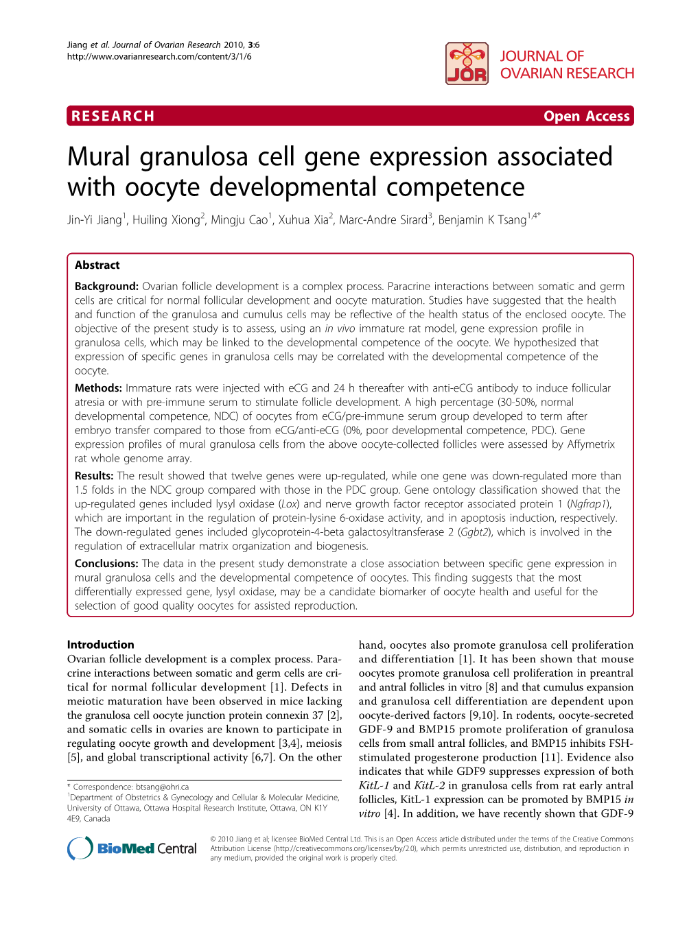 Mural Granulosa Cell Gene Expression Associated with Oocyte