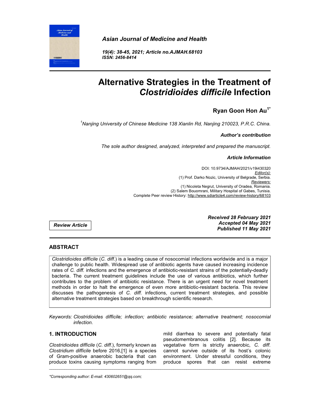 Alternative Strategies in the Treatment of Clostridioides Difficile Infection