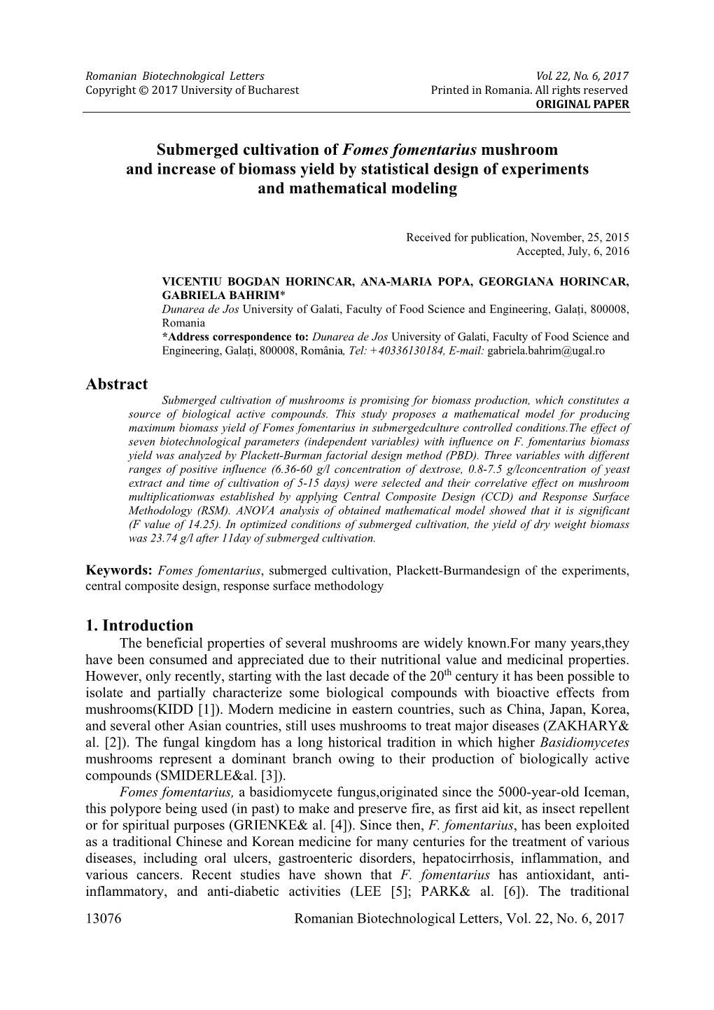 Submerged Cultivation of Fomes Fomentarius Mushroom and Increase of Biomass Yield by Statistical Design of Experiments and Mathematical Modeling