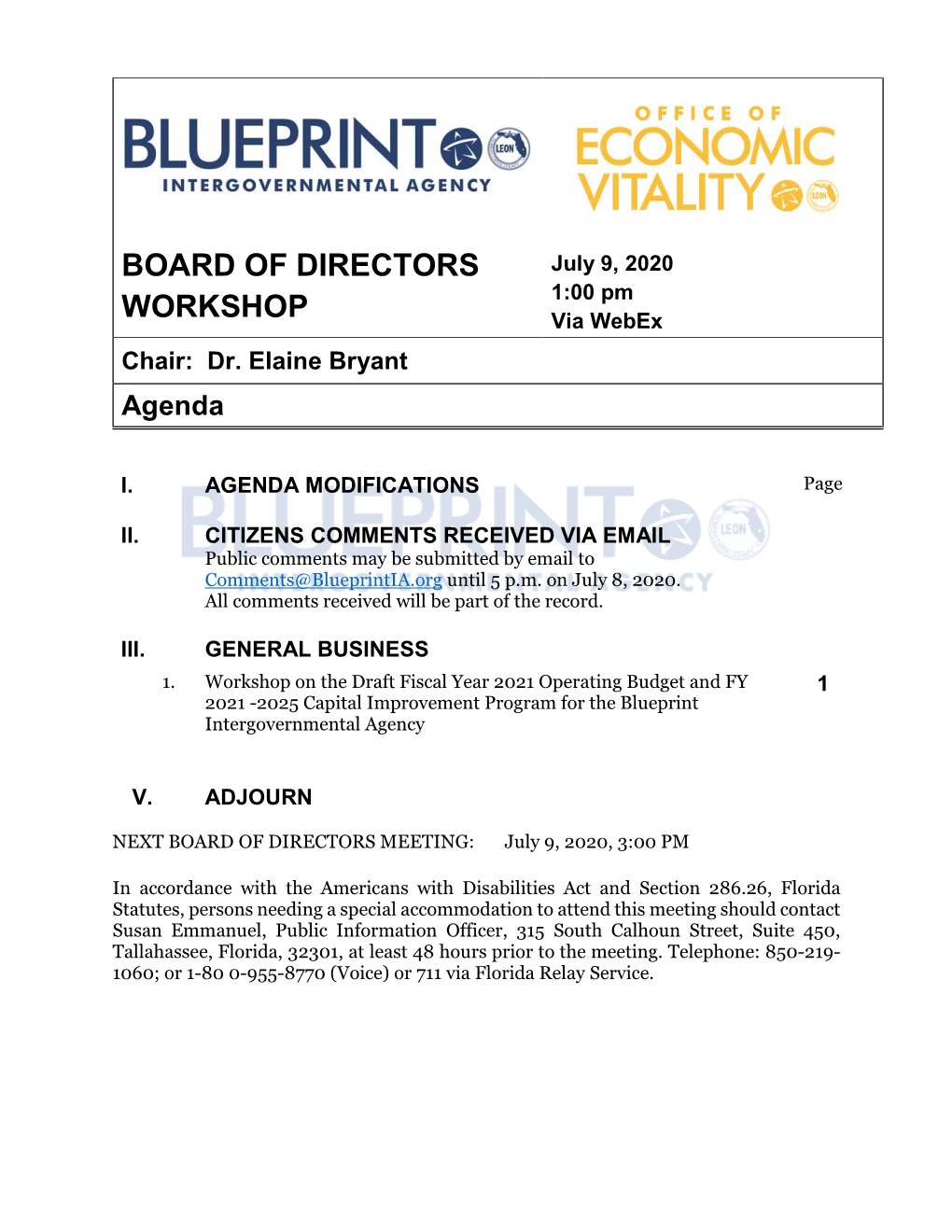 IA Agenda Workshop July 9, 2020