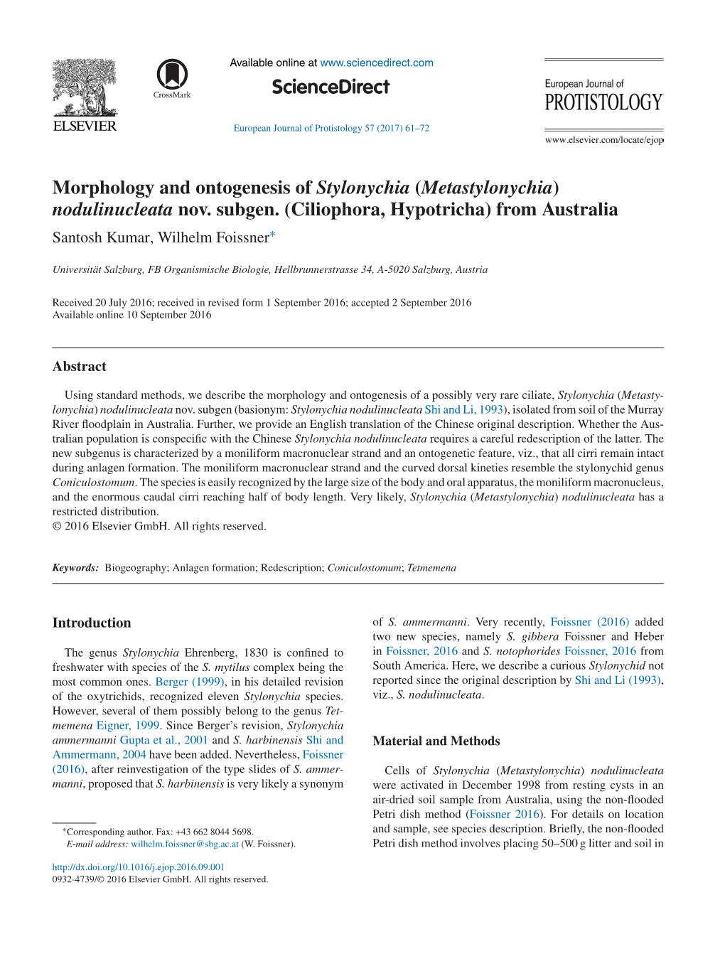 Morphology and Ontogenesis of Stylonychia (Metastylonychia)