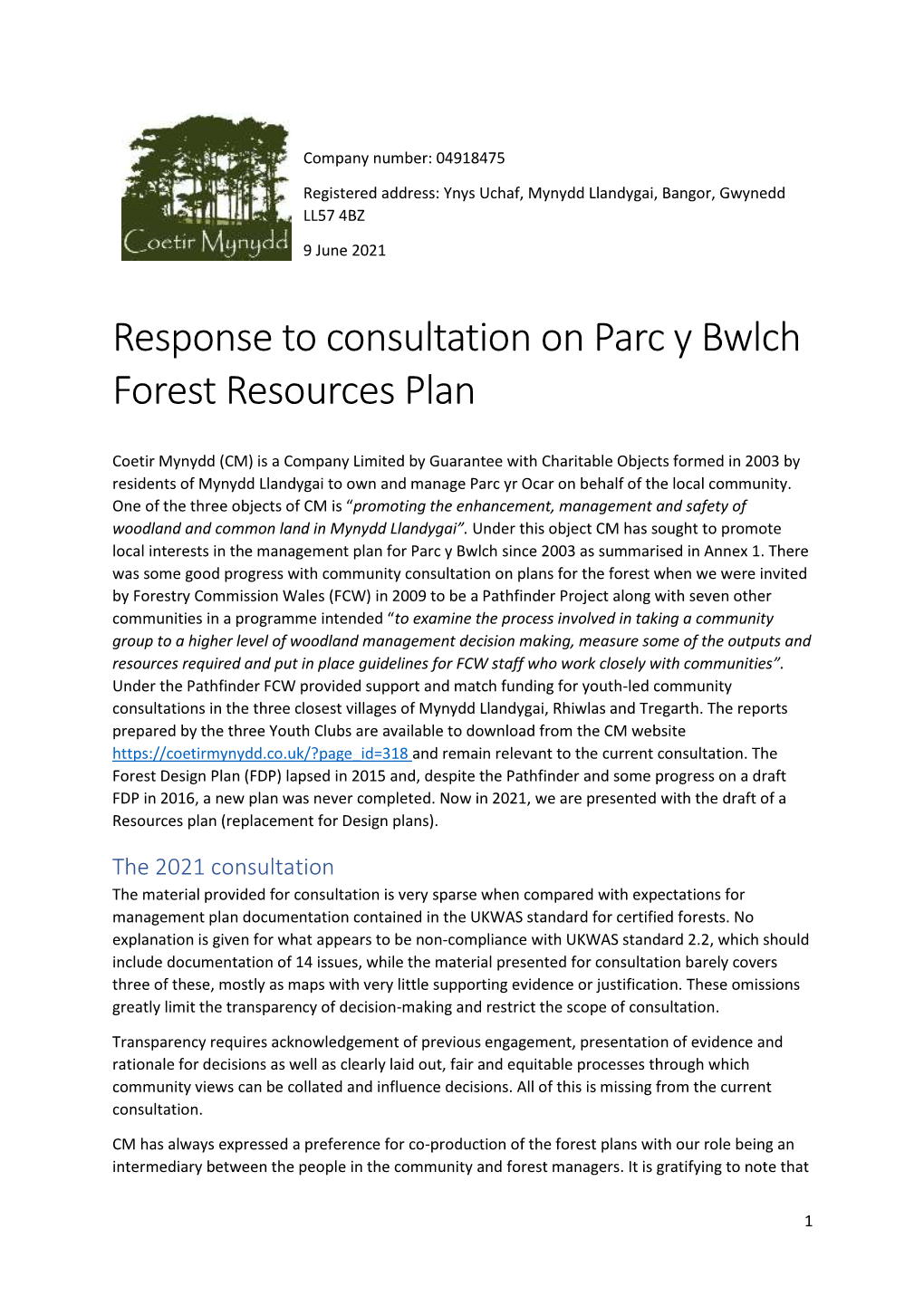 Response to Consultation on Parc Y Bwlch Forest Resources Plan